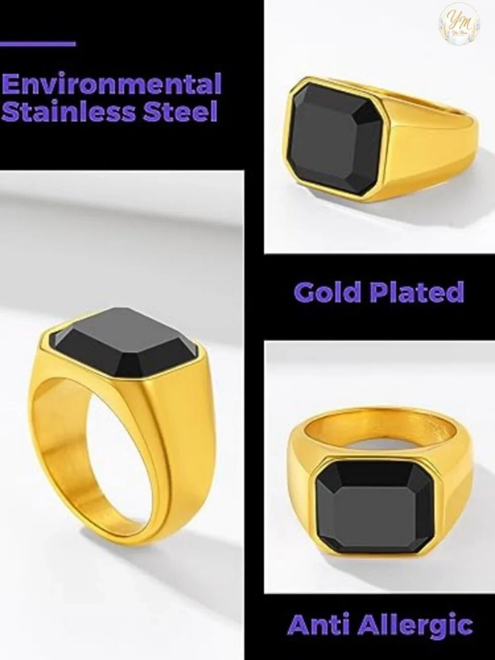 Black Onyx Signet Ring Stainless Steel Men Women Vintage Waterproof
